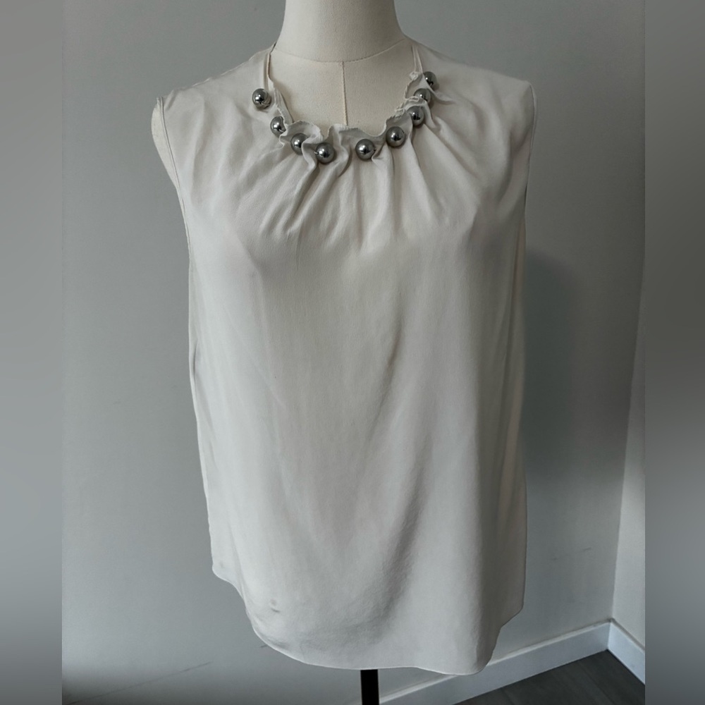 Boutique Moschino White Silk Tank with Silver Bead Neckline